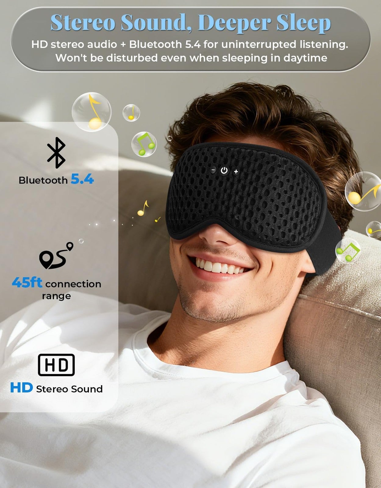 Adjustable 3D Contoured Sleep Mask with Bluetooth Headphones, Eye Masks for S...